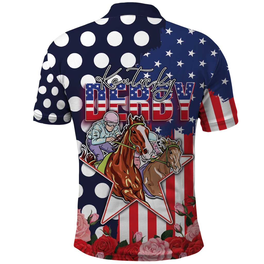 Kentucky Horses Racing Polo Shirt US Flag Grunge and Dot Pattern Blue Color