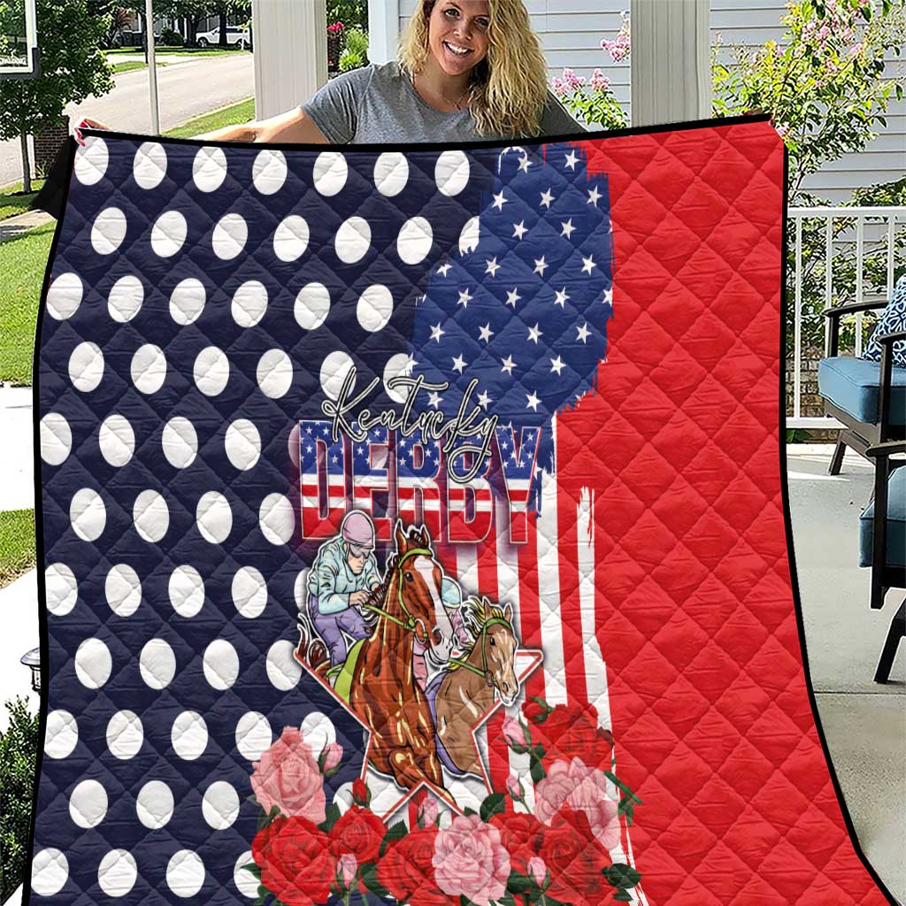 Kentucky Horses Racing Quilt US Flag Grunge and Dot Pattern Blue Color