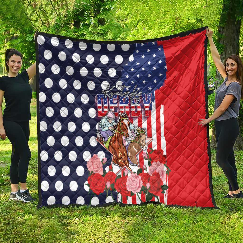 Kentucky Horses Racing Quilt US Flag Grunge and Dot Pattern Blue Color