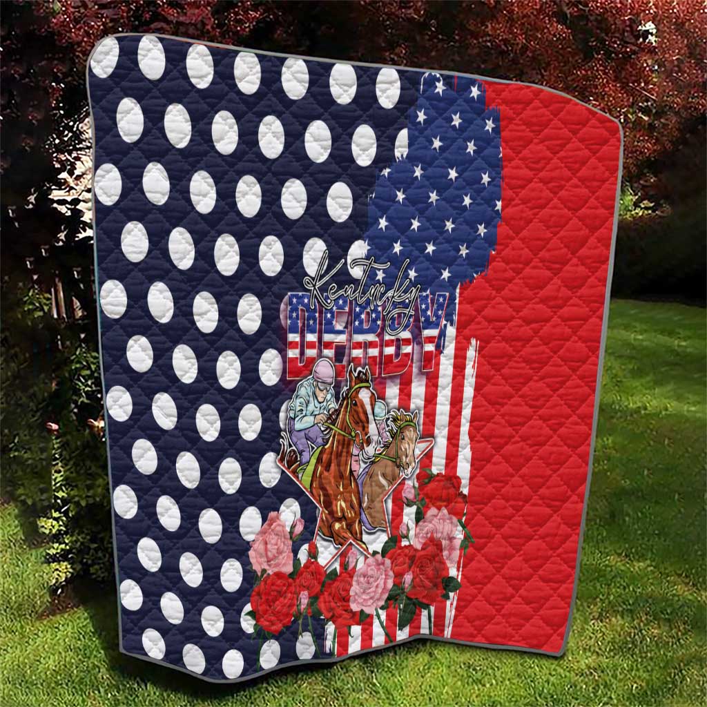 Kentucky Horses Racing Quilt US Flag Grunge and Dot Pattern Blue Color