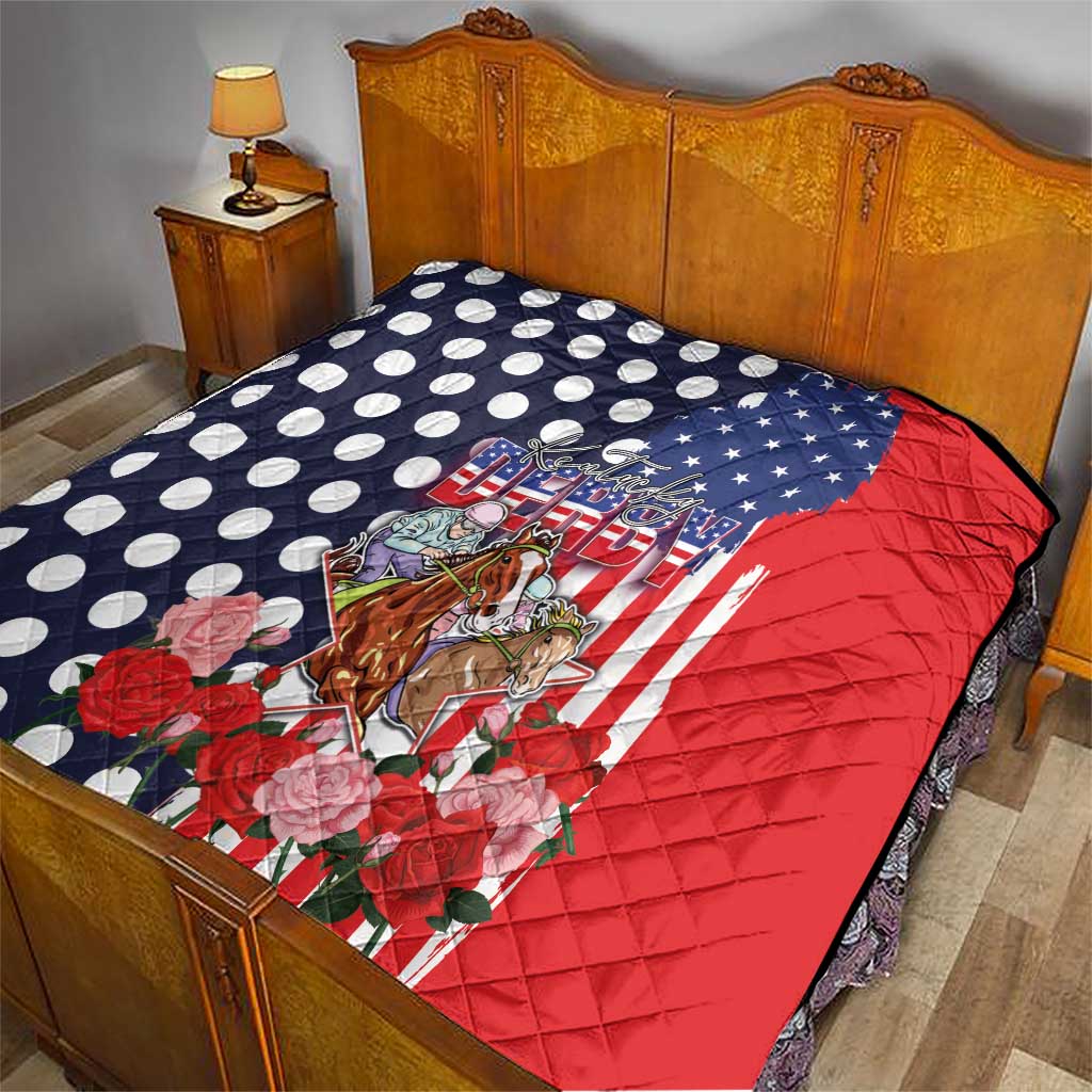 Kentucky Horses Racing Quilt US Flag Grunge and Dot Pattern Blue Color