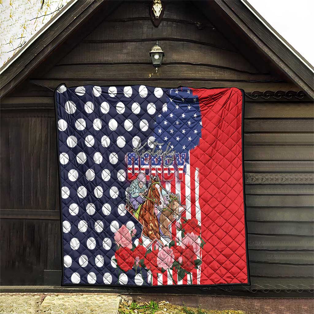 Kentucky Horses Racing Quilt US Flag Grunge and Dot Pattern Blue Color