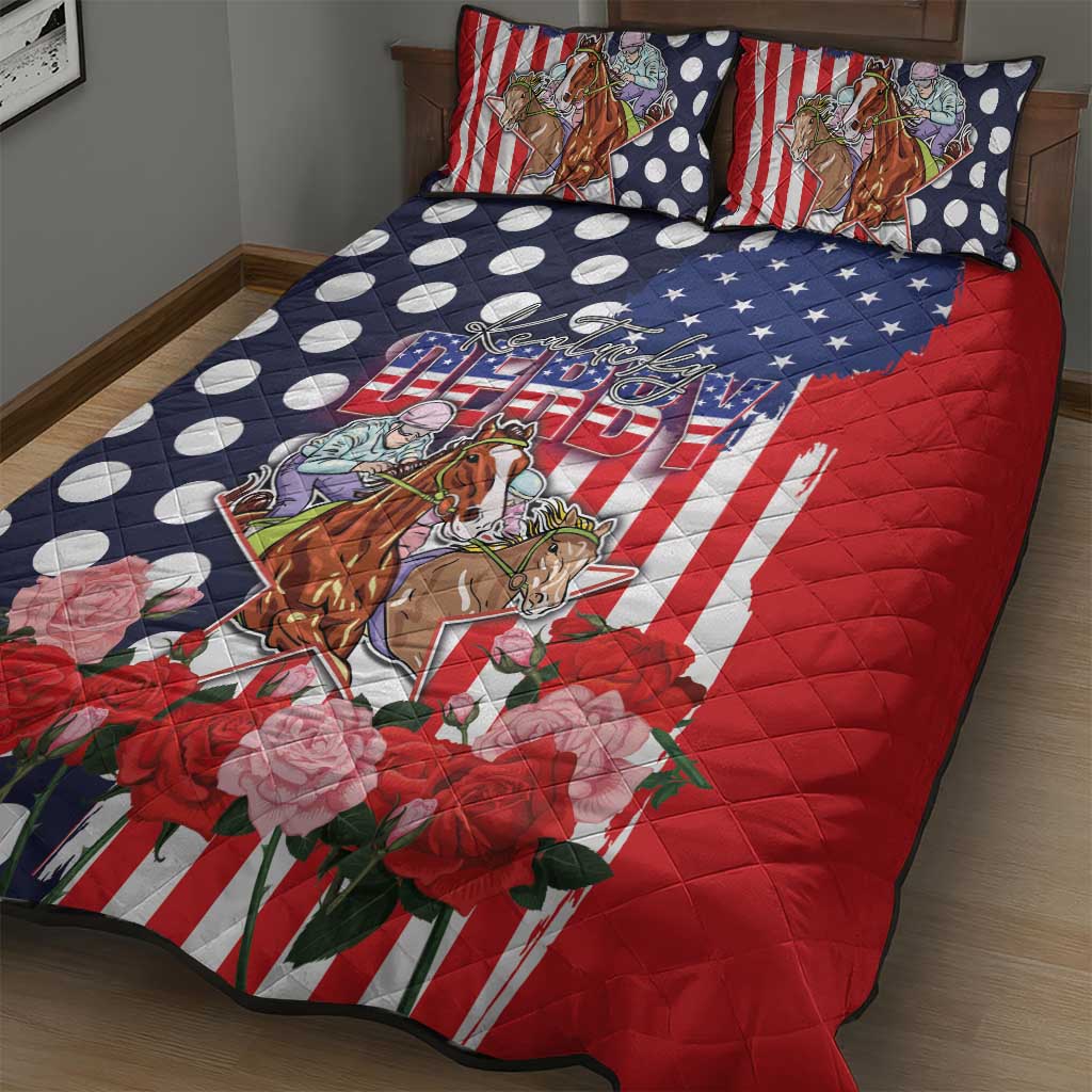Kentucky Horses Racing Quilt Bed Set US Flag Grunge and Dot Pattern Blue Color