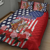Kentucky Horses Racing Quilt Bed Set US Flag Grunge and Dot Pattern Blue Color