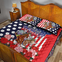 Kentucky Horses Racing Quilt Bed Set US Flag Grunge and Dot Pattern Blue Color