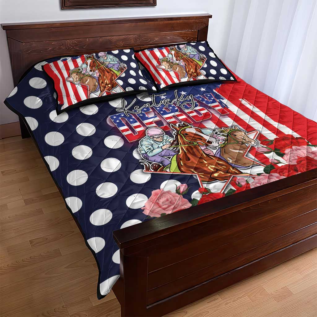 Kentucky Horses Racing Quilt Bed Set US Flag Grunge and Dot Pattern Blue Color