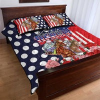 Kentucky Horses Racing Quilt Bed Set US Flag Grunge and Dot Pattern Blue Color