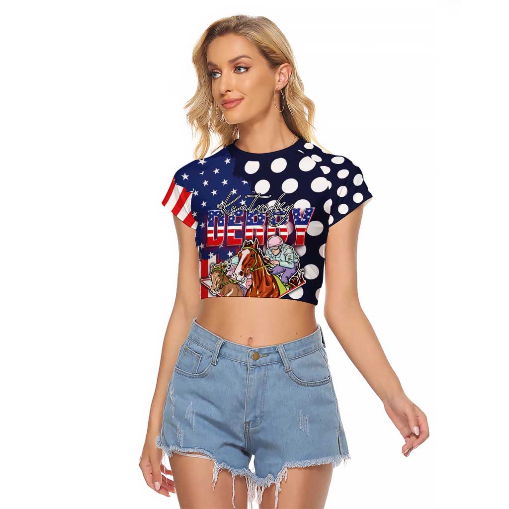 Kentucky Horses Racing Raglan Cropped T Shirt US Flag Grunge and Dot Pattern Blue Color