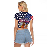Kentucky Horses Racing Raglan Cropped T Shirt US Flag Grunge and Dot Pattern Blue Color