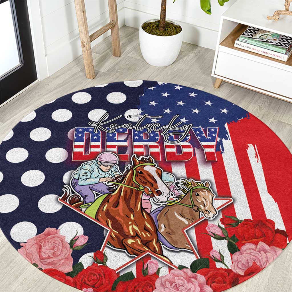 Kentucky Horses Racing Round Carpet US Flag Grunge and Dot Pattern Blue Color