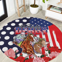Kentucky Horses Racing Round Carpet US Flag Grunge and Dot Pattern Blue Color