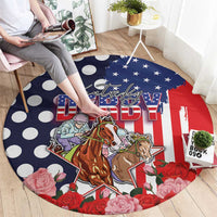 Kentucky Horses Racing Round Carpet US Flag Grunge and Dot Pattern Blue Color
