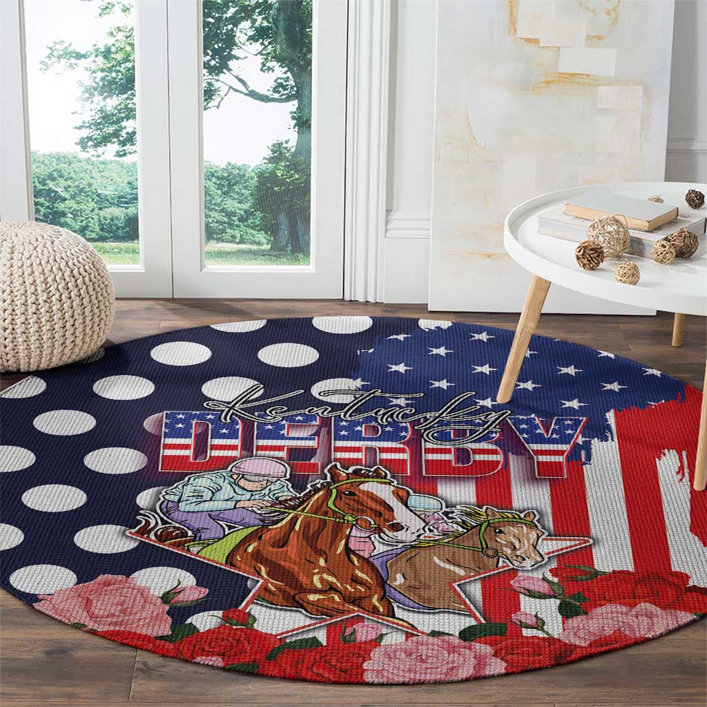 Kentucky Horses Racing Round Carpet US Flag Grunge and Dot Pattern Blue Color