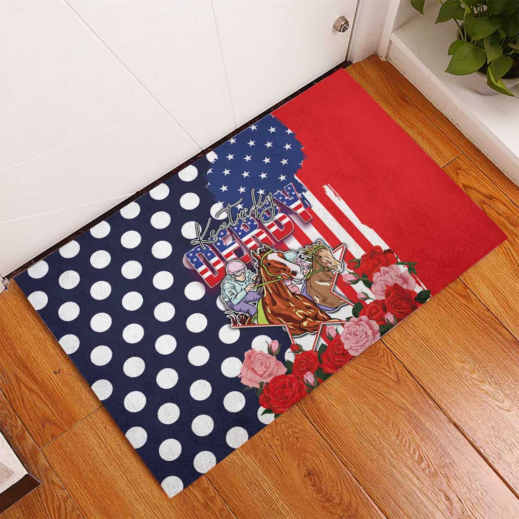 Kentucky Horses Racing Rubber Doormat US Flag Grunge and Dot Pattern Blue Color