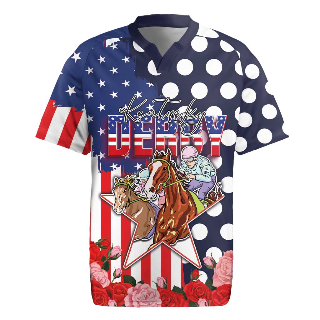 Kentucky Horses Racing Rugby Jersey US Flag Grunge and Dot Pattern Blue Color