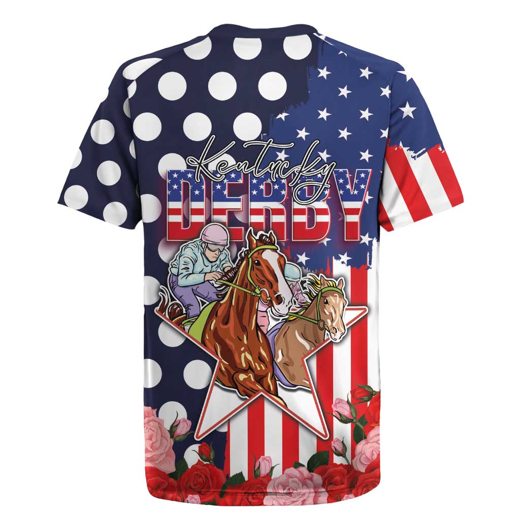 Kentucky Horses Racing Rugby Jersey US Flag Grunge and Dot Pattern Blue Color