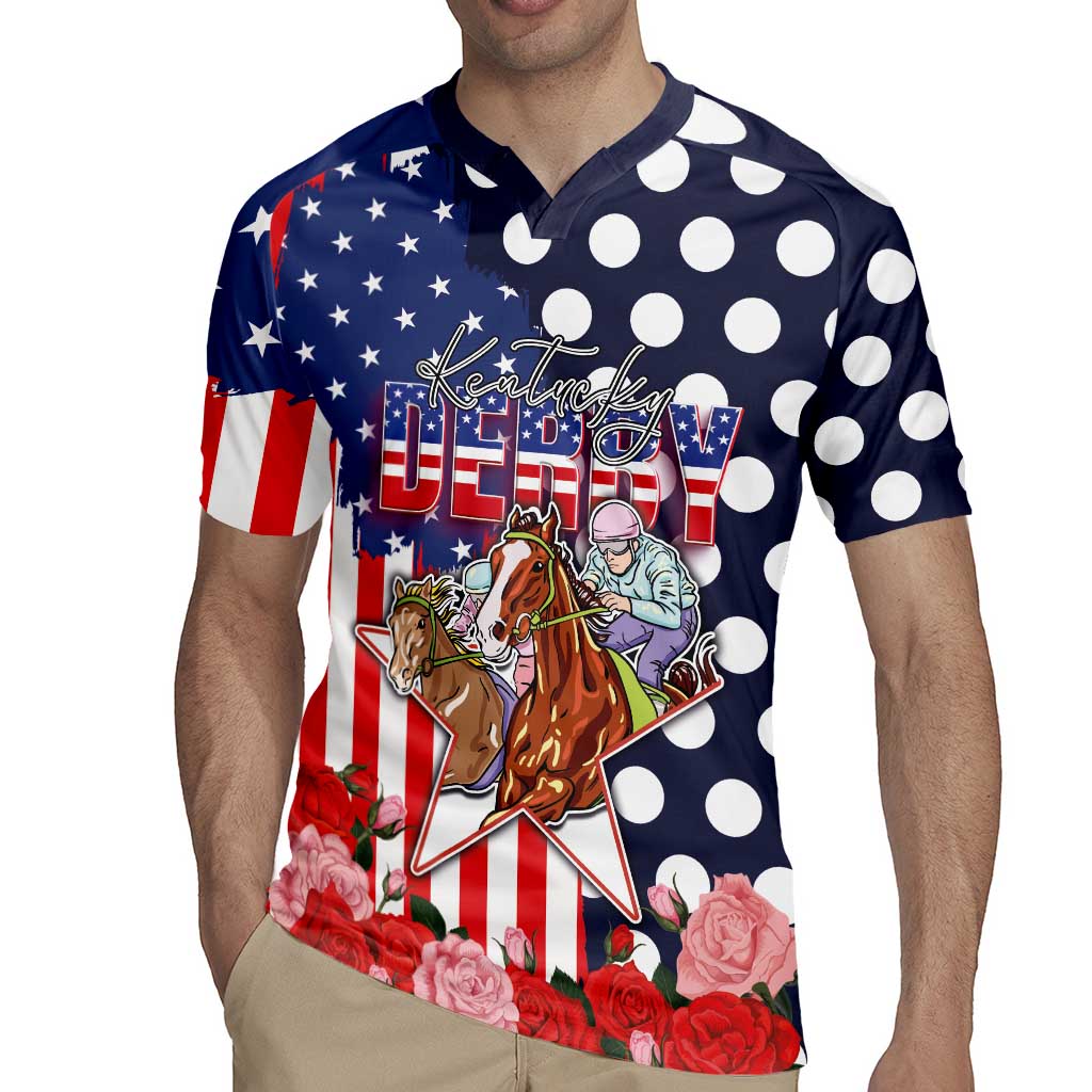 Kentucky Horses Racing Rugby Jersey US Flag Grunge and Dot Pattern Blue Color
