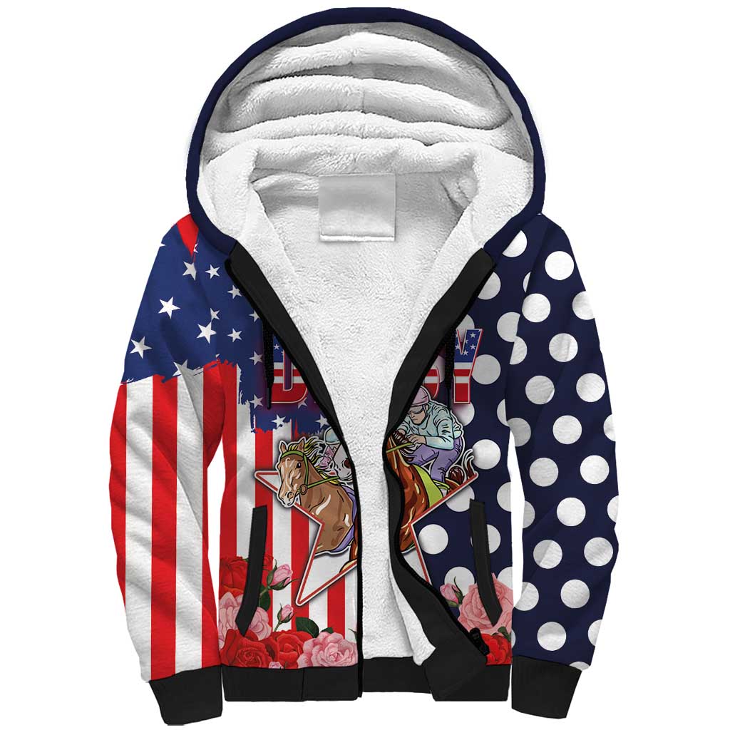 Kentucky Horses Racing Sherpa Hoodie US Flag Grunge and Dot Pattern Blue Color
