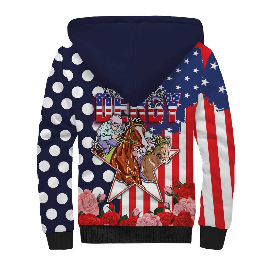 Kentucky Horses Racing Sherpa Hoodie US Flag Grunge and Dot Pattern Blue Color