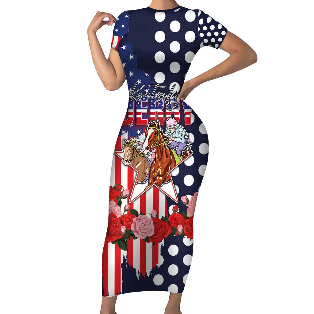Kentucky Horses Racing Short Sleeve Bodycon Dress US Flag Grunge and Dot Pattern Blue Color
