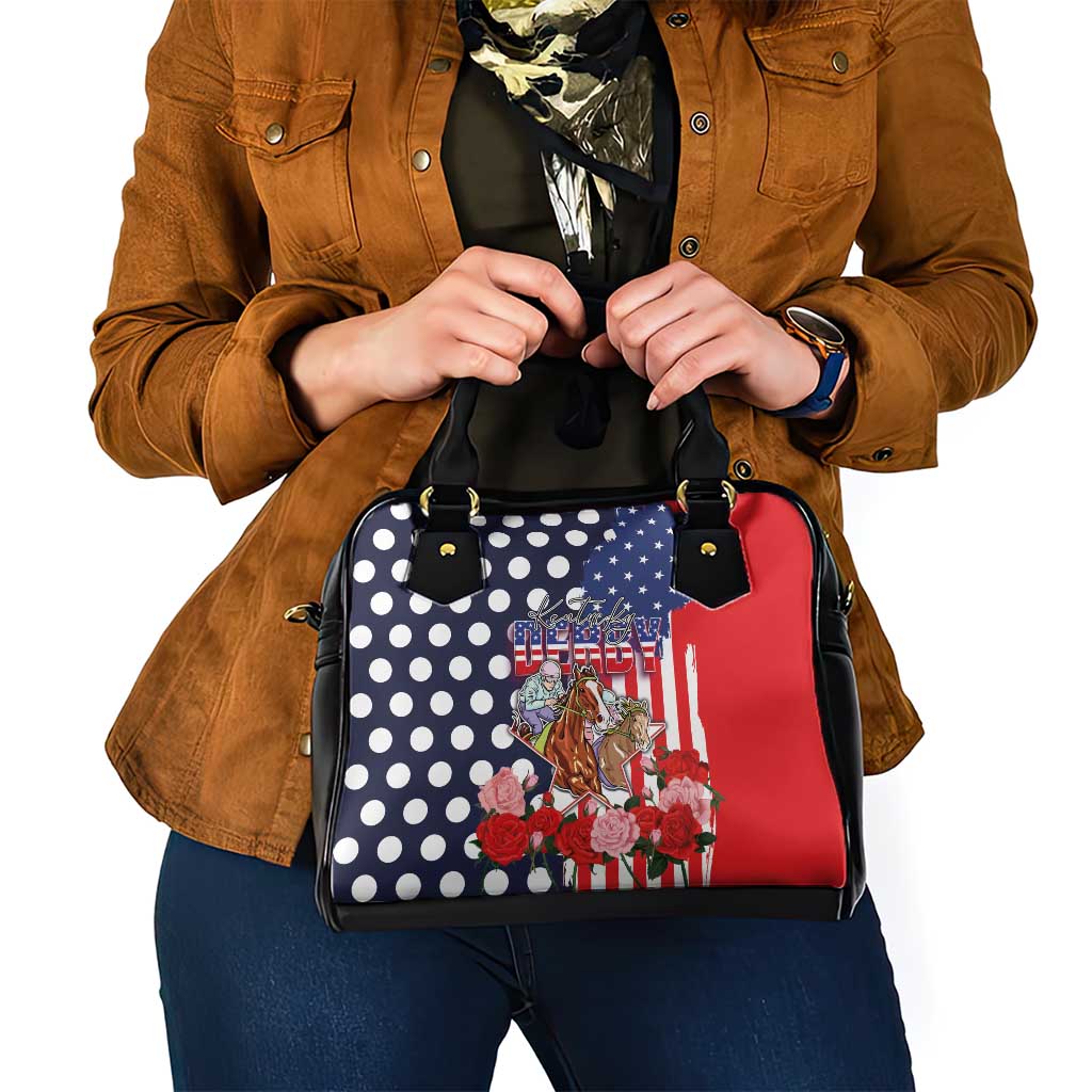 Kentucky Horses Racing Shoulder Handbag US Flag Grunge and Dot Pattern Blue Color