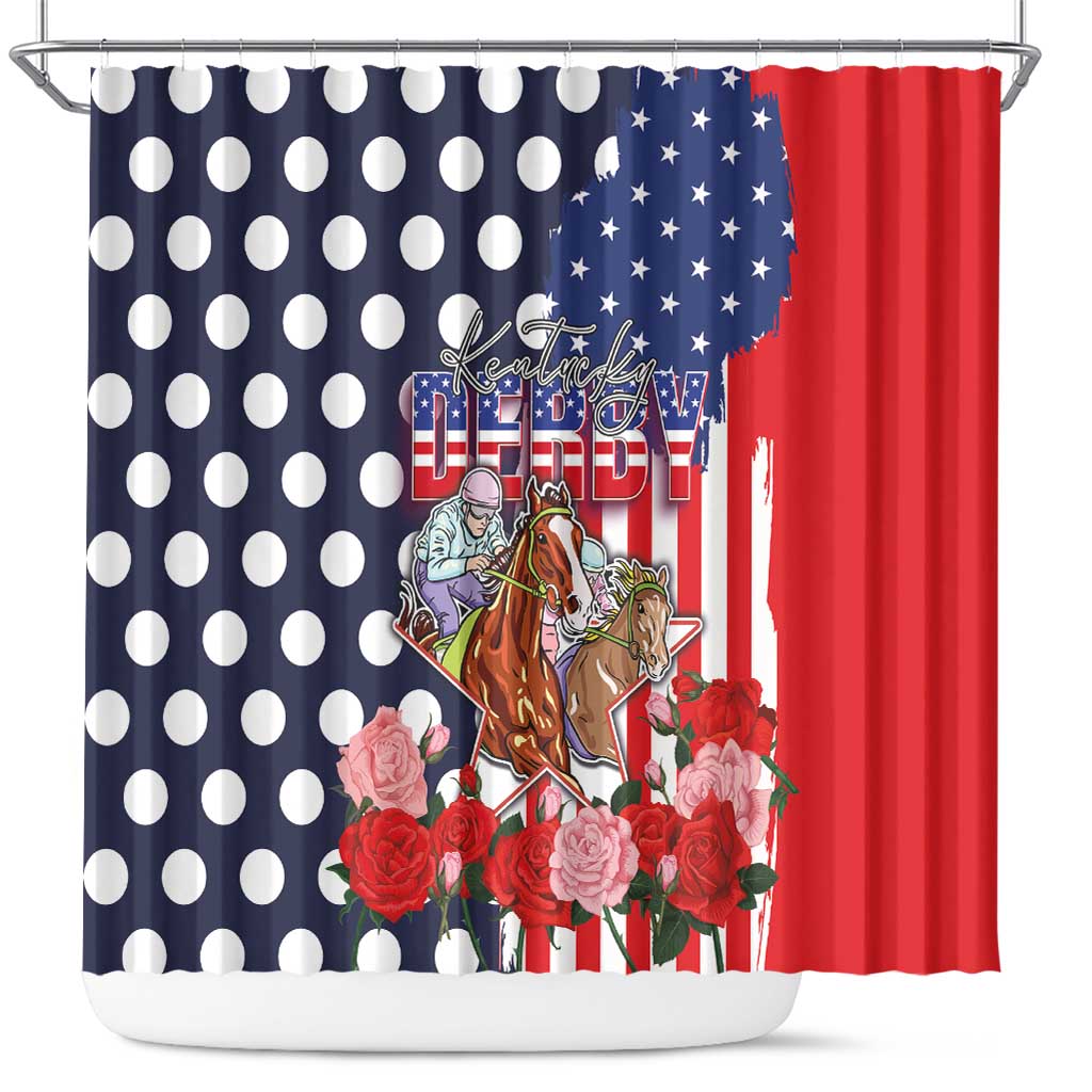 Kentucky Horses Racing Shower Curtain US Flag Grunge and Dot Pattern Blue Color