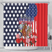 Kentucky Horses Racing Shower Curtain US Flag Grunge and Dot Pattern Blue Color