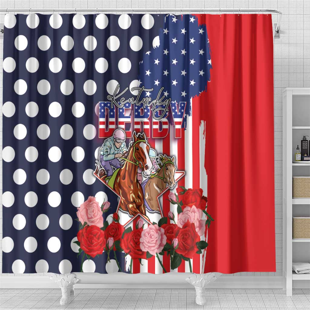 Kentucky Horses Racing Shower Curtain US Flag Grunge and Dot Pattern Blue Color