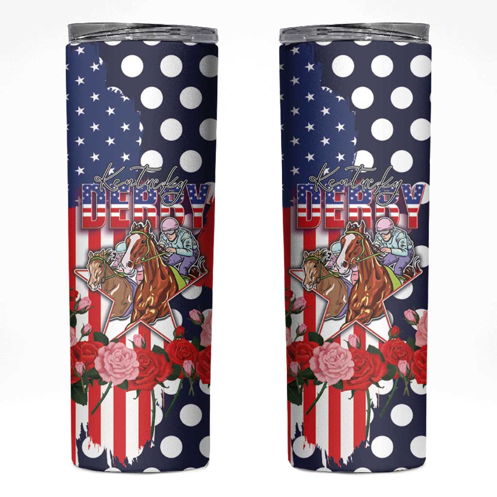 Kentucky Horses Racing Skinny Tumbler US Flag Grunge and Dot Pattern Blue Color