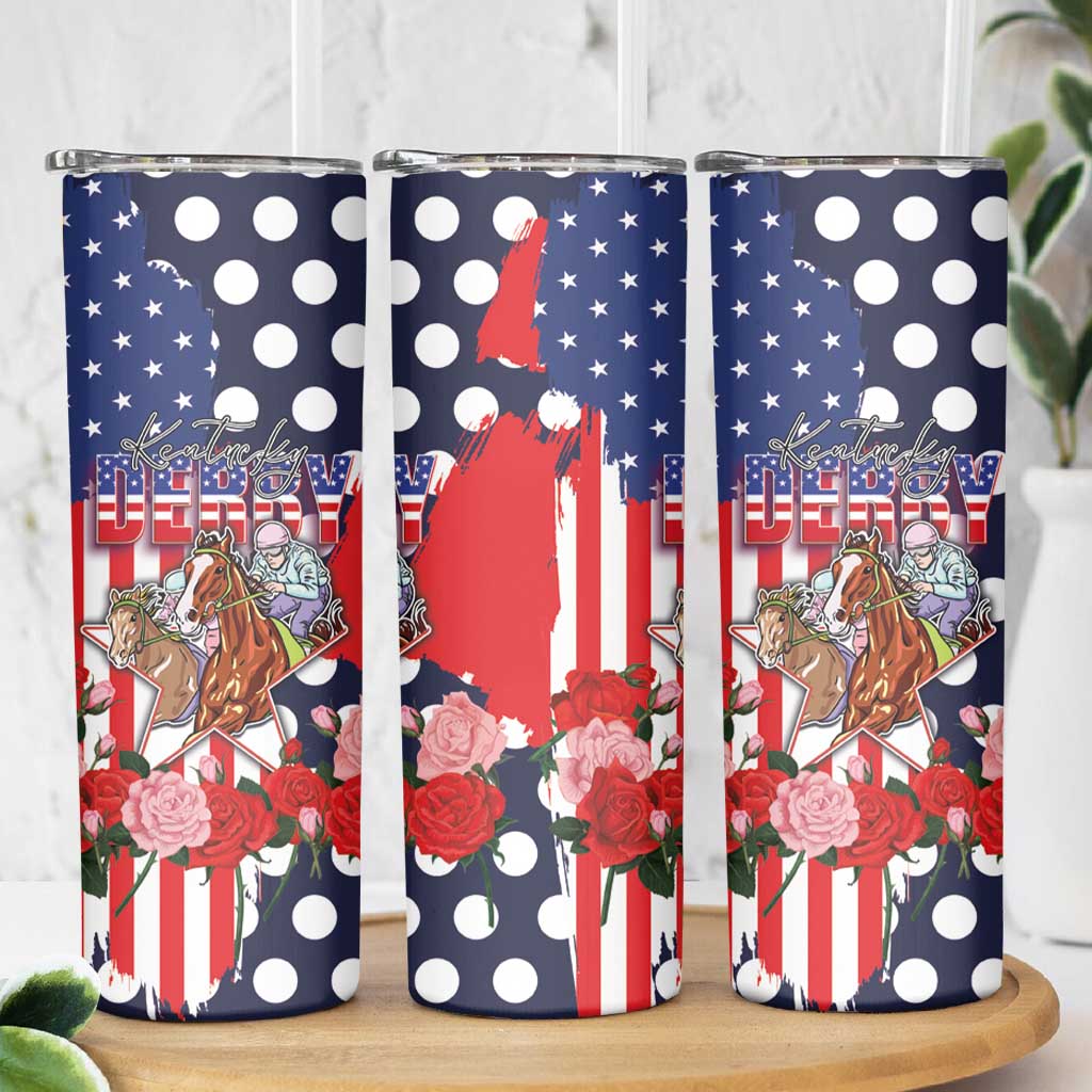 Kentucky Horses Racing Skinny Tumbler US Flag Grunge and Dot Pattern Blue Color