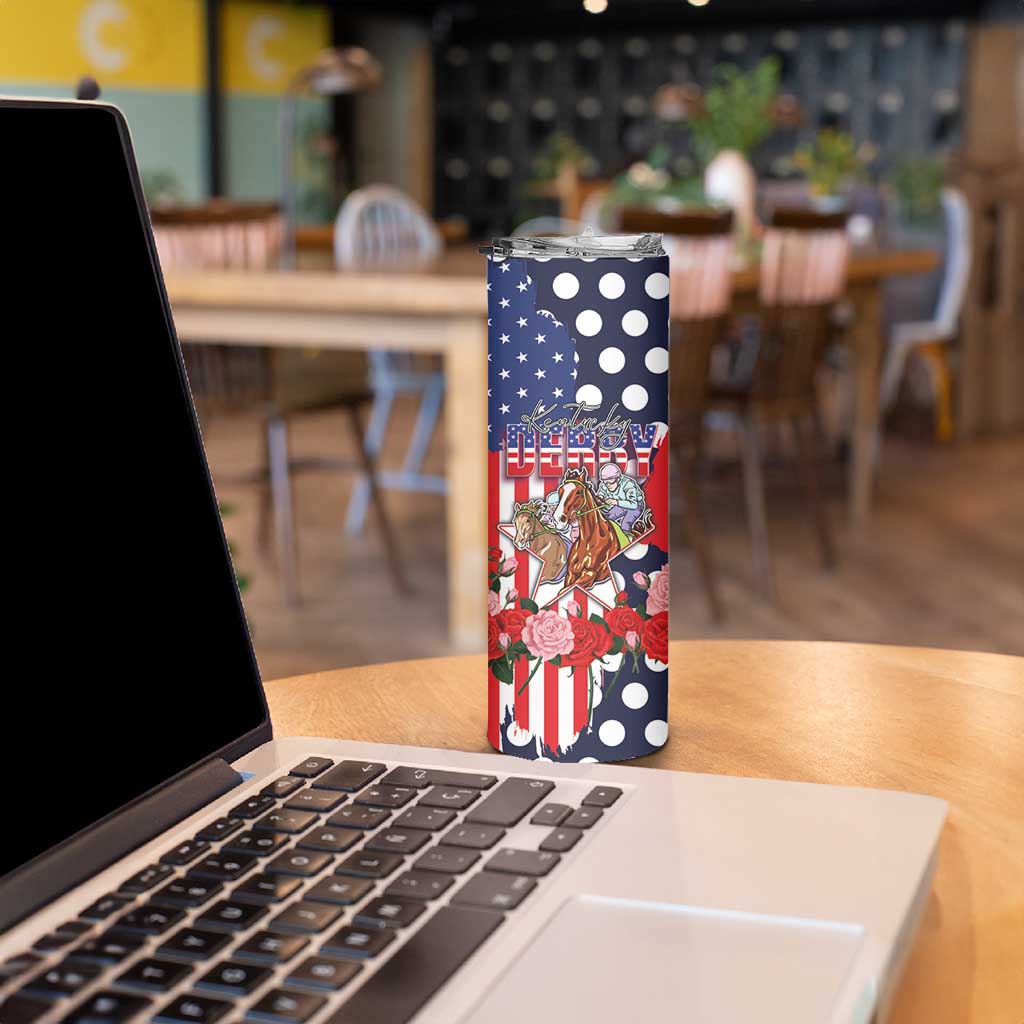 Kentucky Horses Racing Skinny Tumbler US Flag Grunge and Dot Pattern Blue Color