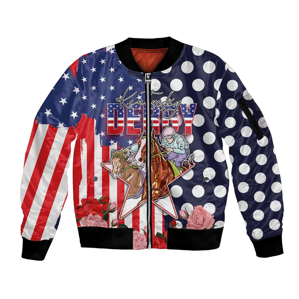 Kentucky Horses Racing Sleeve Zip Bomber Jacket US Flag Grunge and Dot Pattern Blue Color