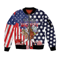 Kentucky Horses Racing Sleeve Zip Bomber Jacket US Flag Grunge and Dot Pattern Blue Color