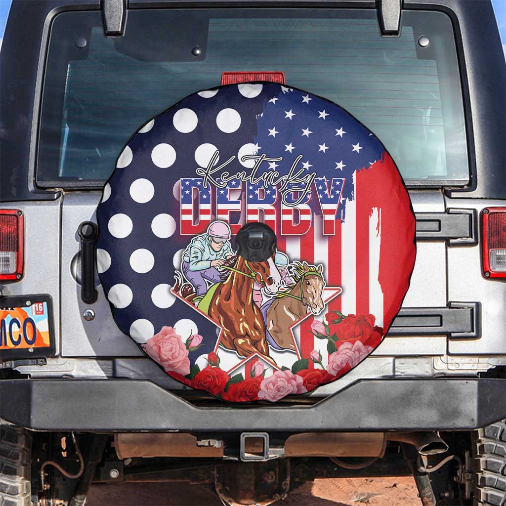 Kentucky Horses Racing Spare Tire Cover US Flag Grunge and Dot Pattern Blue Color