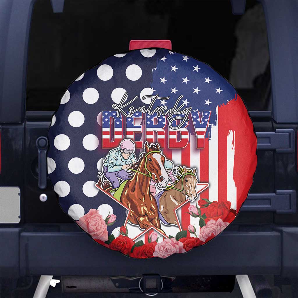 Kentucky Horses Racing Spare Tire Cover US Flag Grunge and Dot Pattern Blue Color