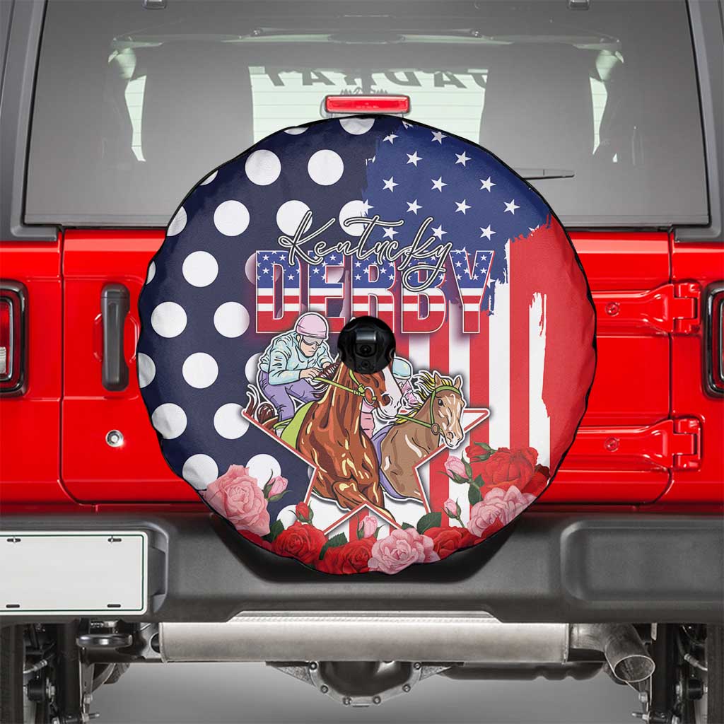 Kentucky Horses Racing Spare Tire Cover US Flag Grunge and Dot Pattern Blue Color
