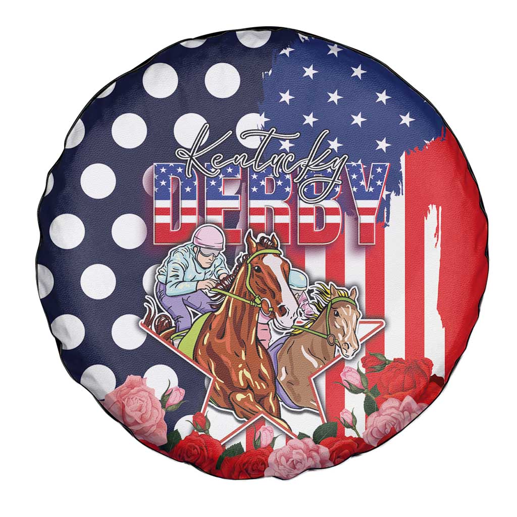 Kentucky Horses Racing Spare Tire Cover US Flag Grunge and Dot Pattern Blue Color