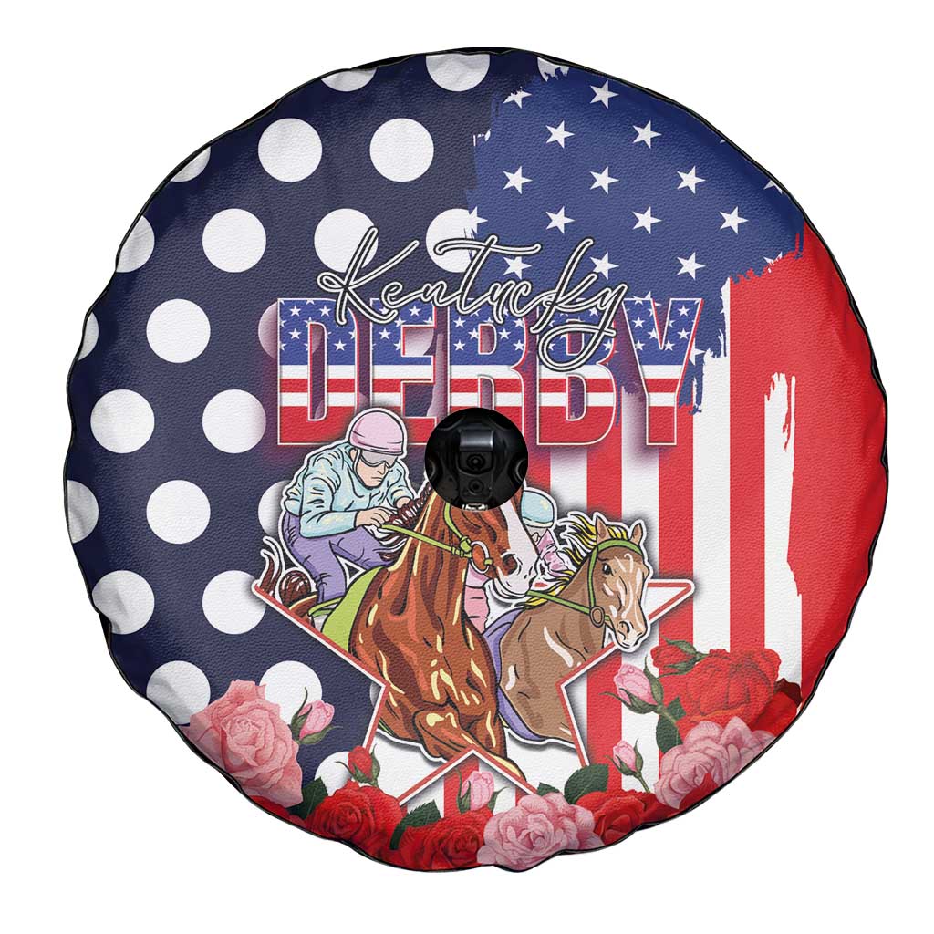Kentucky Horses Racing Spare Tire Cover US Flag Grunge and Dot Pattern Blue Color