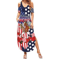 Kentucky Horses Racing Summer Maxi Dress US Flag Grunge and Dot Pattern Blue Color
