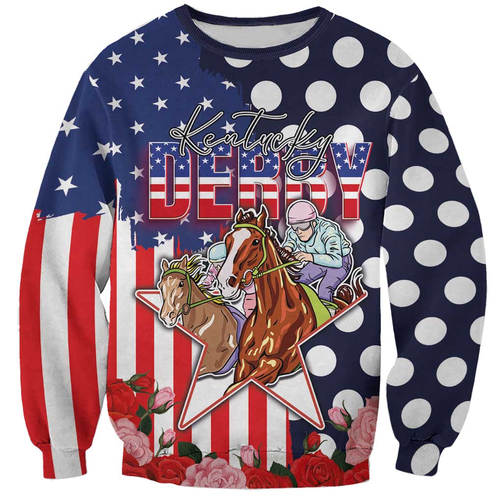 Kentucky Horses Racing Sweatshirt US Flag Grunge and Dot Pattern Blue Color