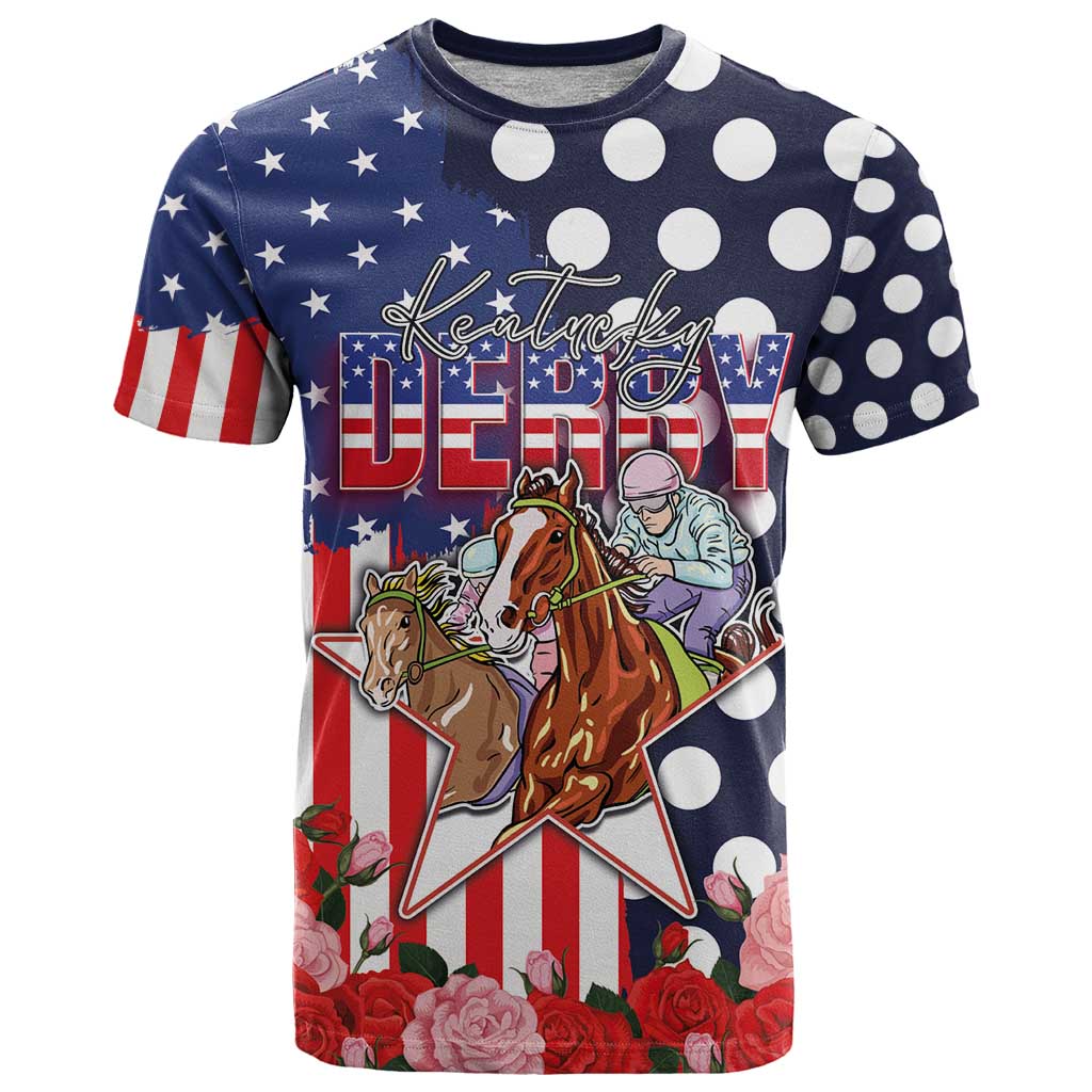 Kentucky Horses Racing T Shirt US Flag Grunge and Dot Pattern Blue Color