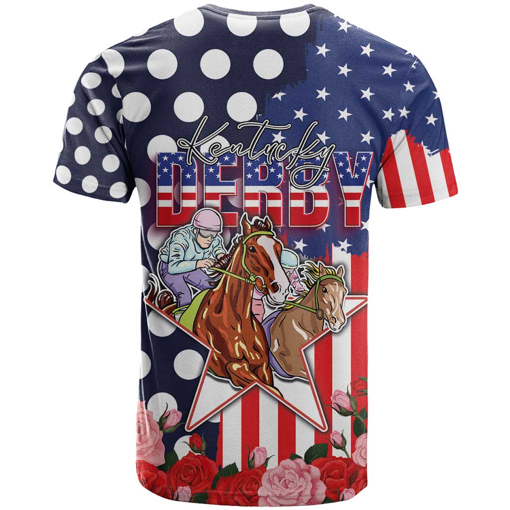 Kentucky Horses Racing T Shirt US Flag Grunge and Dot Pattern Blue Color