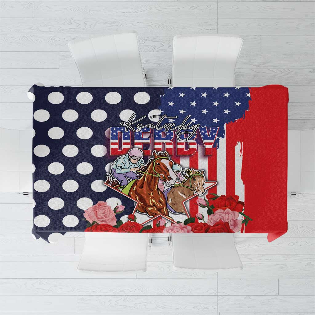 Kentucky Horses Racing Tablecloth US Flag Grunge and Dot Pattern Blue Color