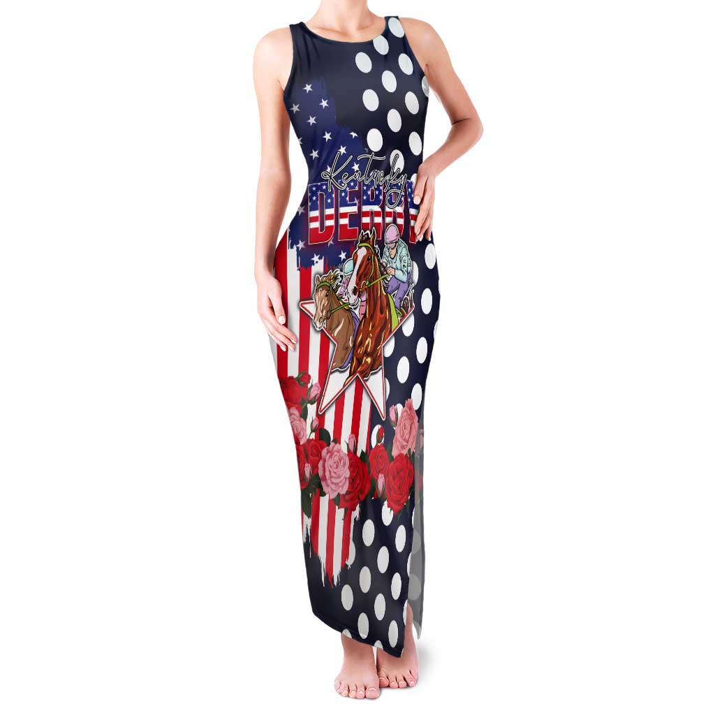 Kentucky Horses Racing Tank Maxi Dress US Flag Grunge and Dot Pattern Blue Color