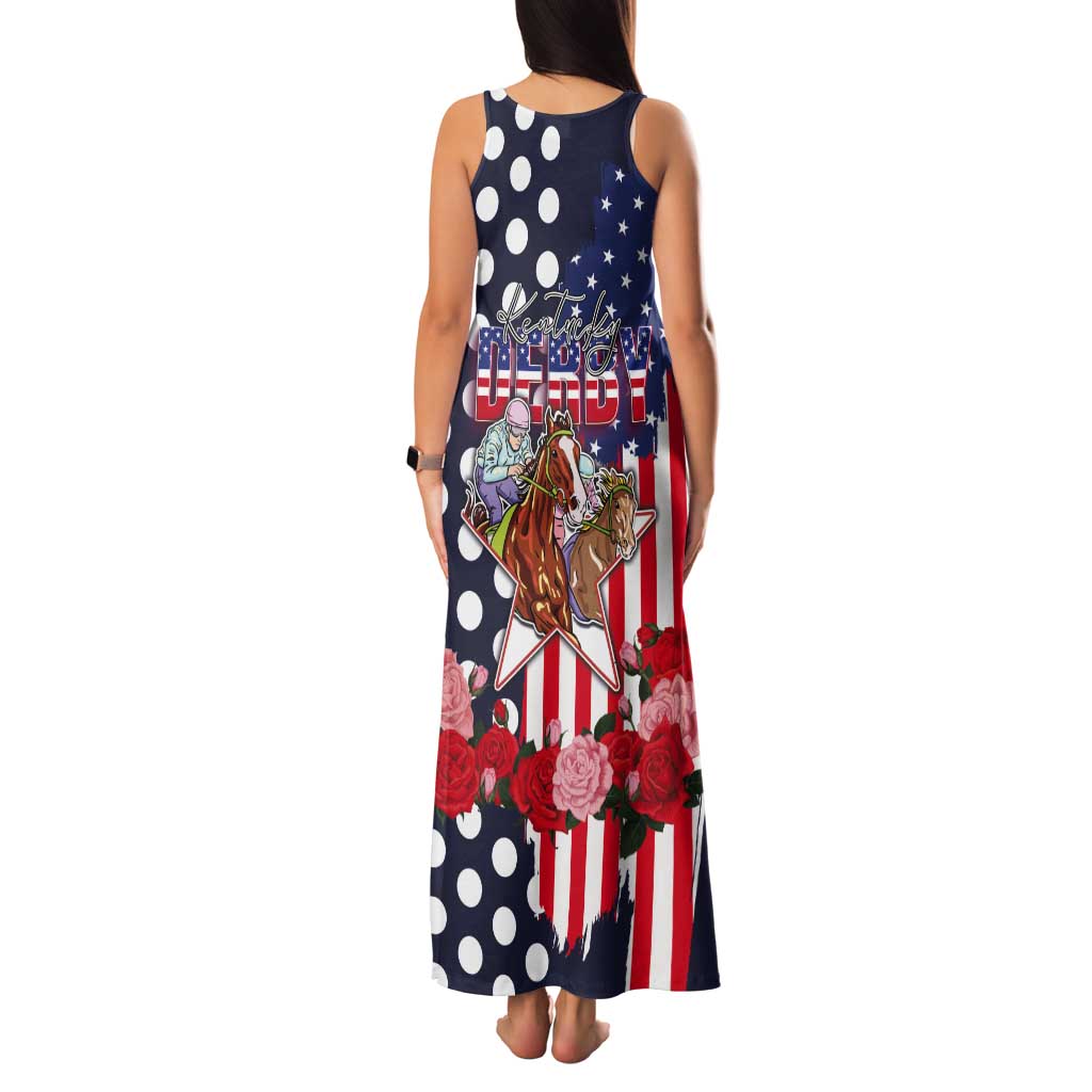 Kentucky Horses Racing Tank Maxi Dress US Flag Grunge and Dot Pattern Blue Color