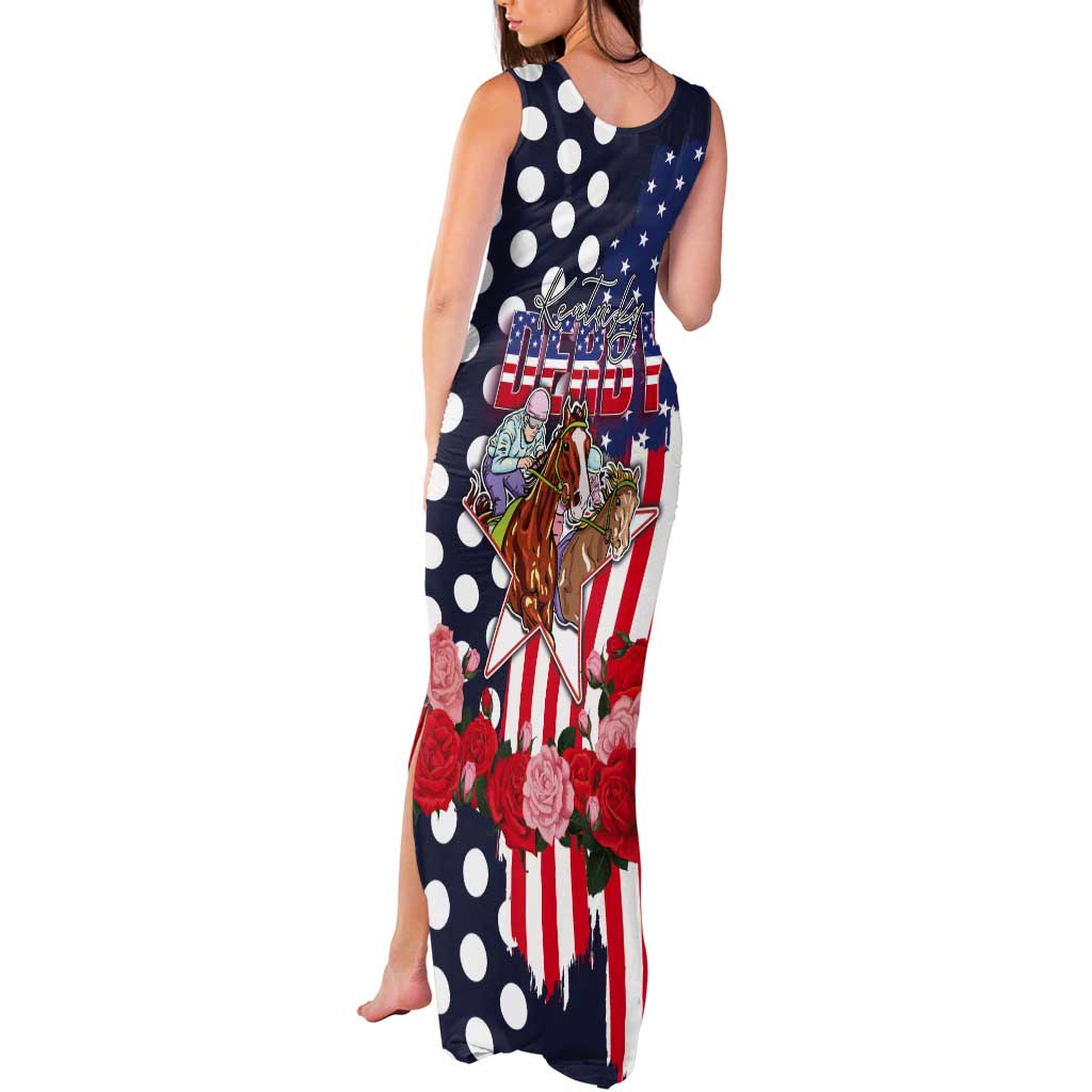 Kentucky Horses Racing Tank Maxi Dress US Flag Grunge and Dot Pattern Blue Color