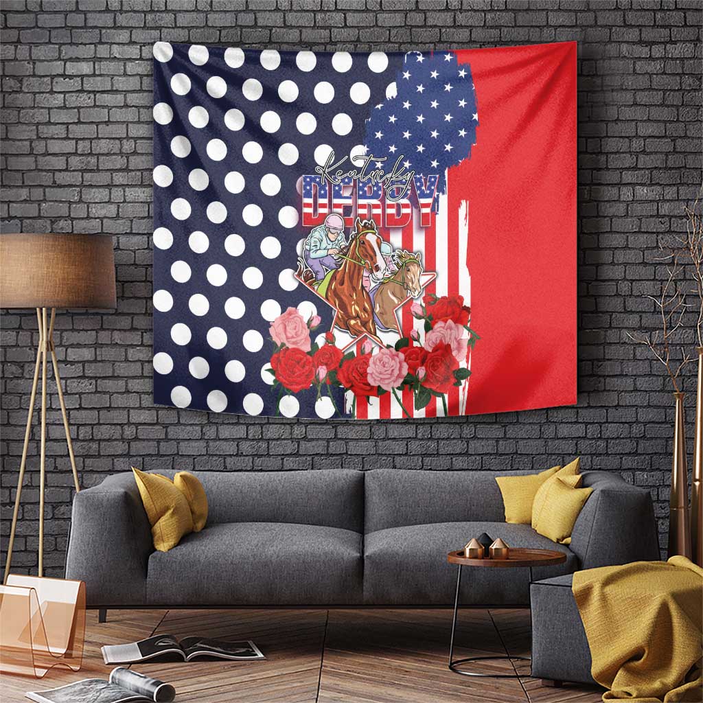 Kentucky Horses Racing Tapestry US Flag Grunge and Dot Pattern Blue Color