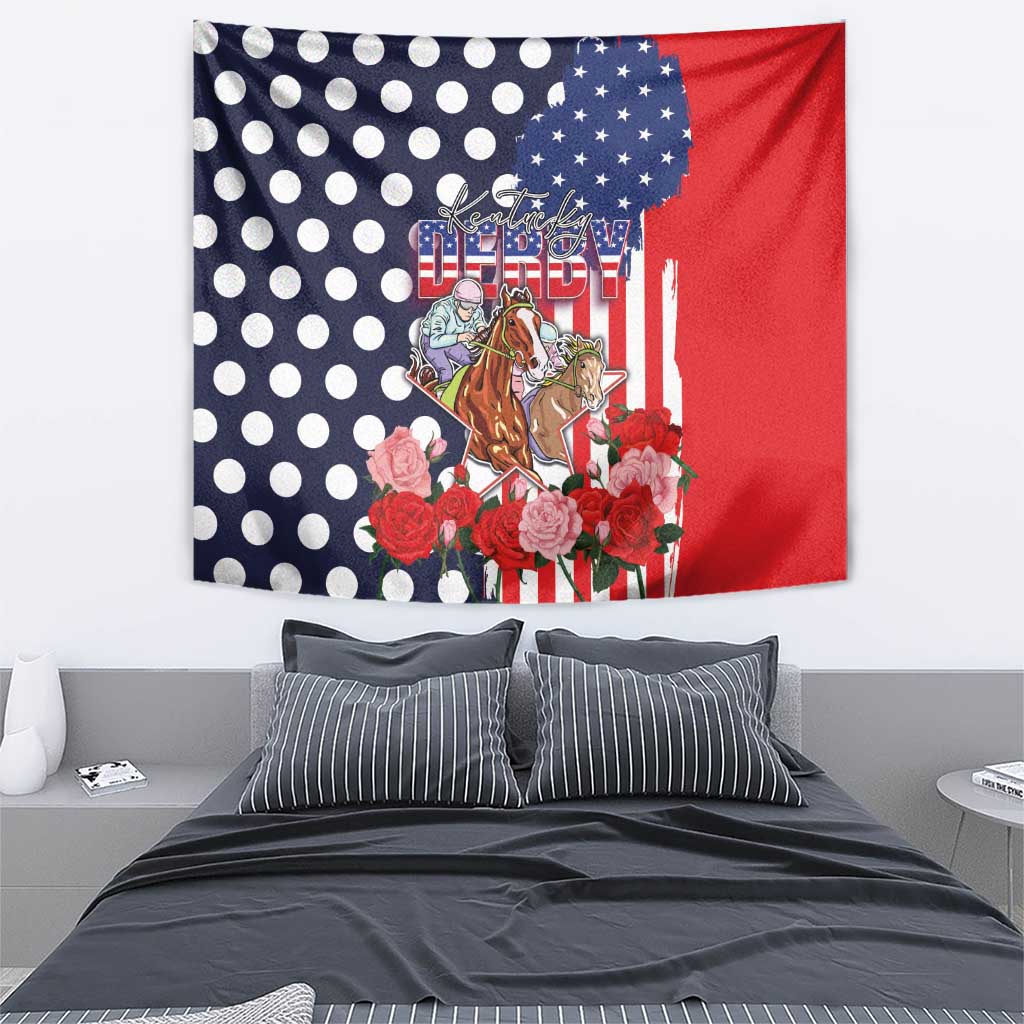 Kentucky Horses Racing Tapestry US Flag Grunge and Dot Pattern Blue Color