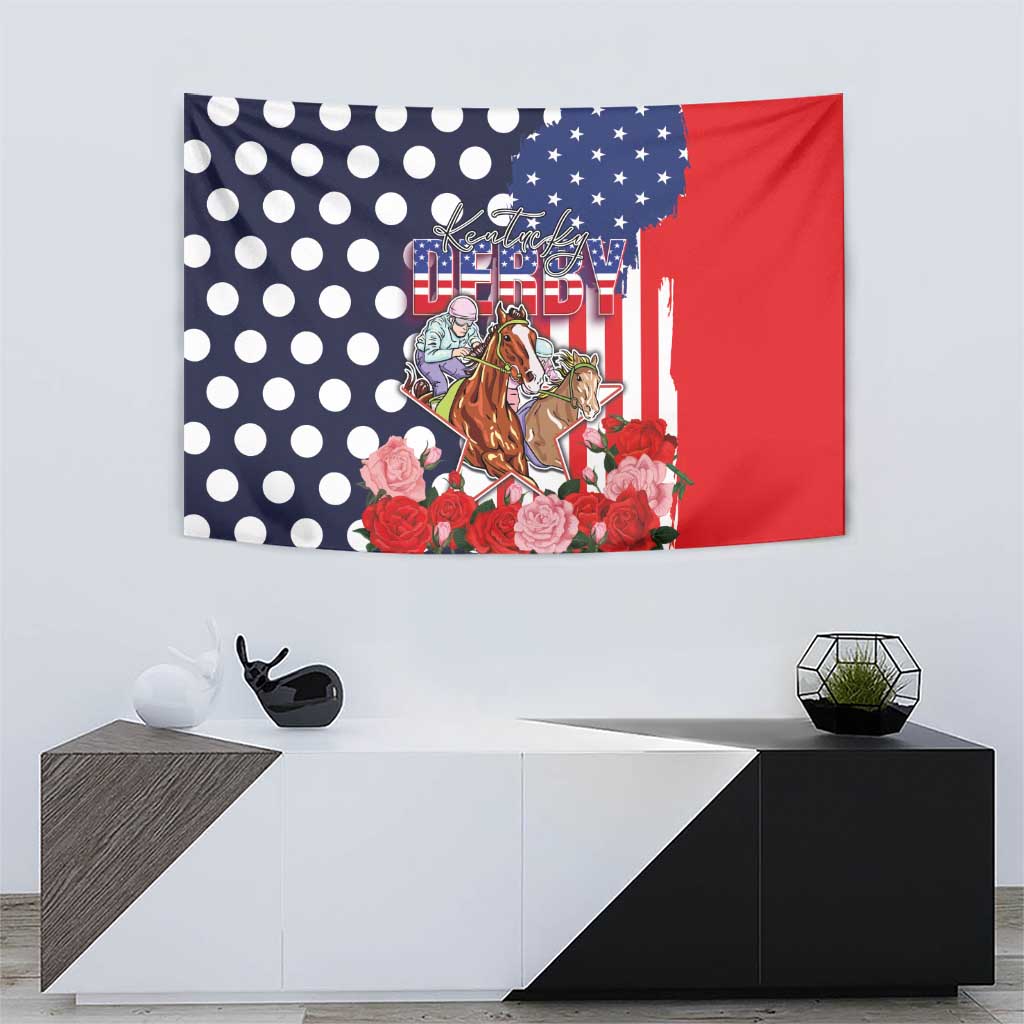 Kentucky Horses Racing Tapestry US Flag Grunge and Dot Pattern Blue Color