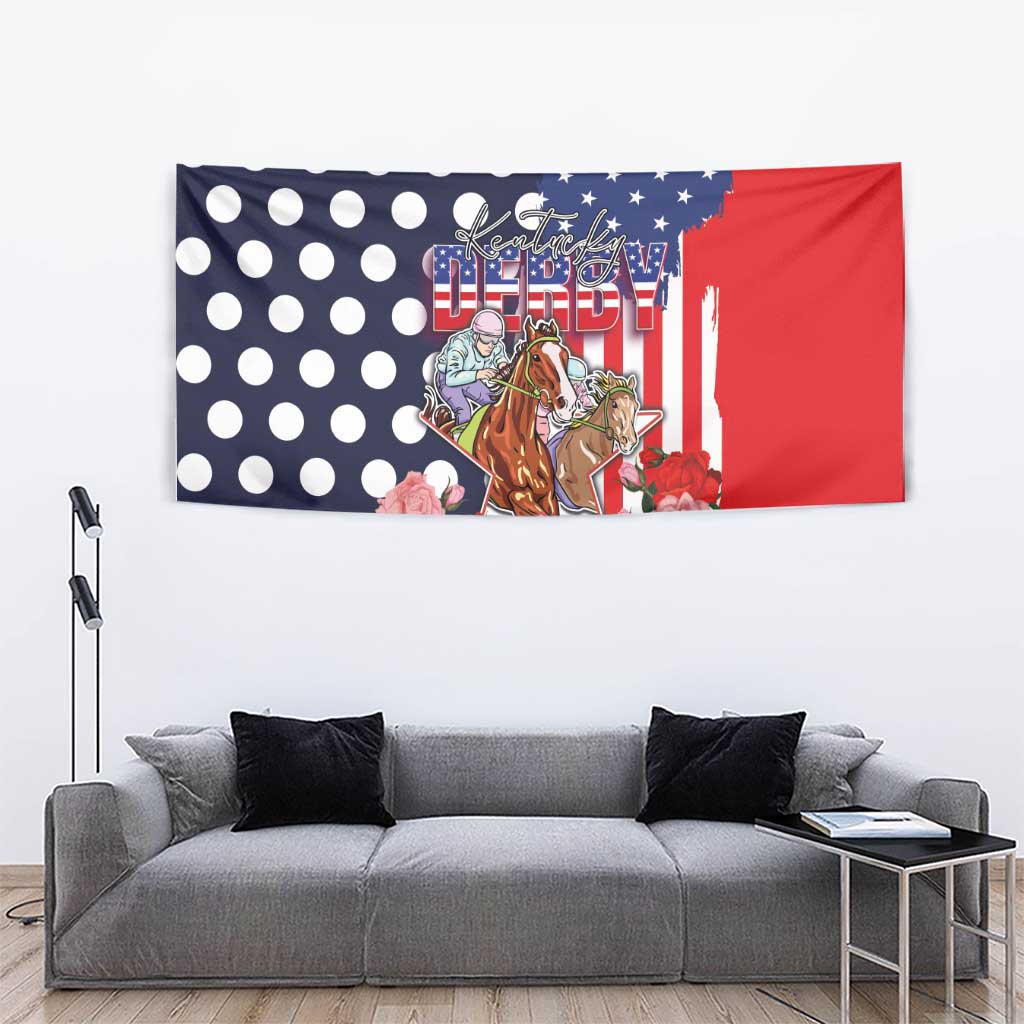 Kentucky Horses Racing Tapestry US Flag Grunge and Dot Pattern Blue Color